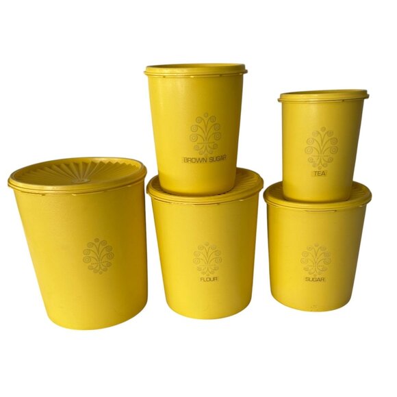 Vintage Yellow 5-Piece Tupperware Canister Set With Lids For Flour Sugar Tea Bro - Picture 1 of 7